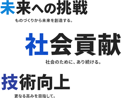 未来への挑戦 − ものづくりから未来を創造する／社会貢献 − 人のため、社会のために、あり続ける。／技術向上 - 更なる高みを目指して。